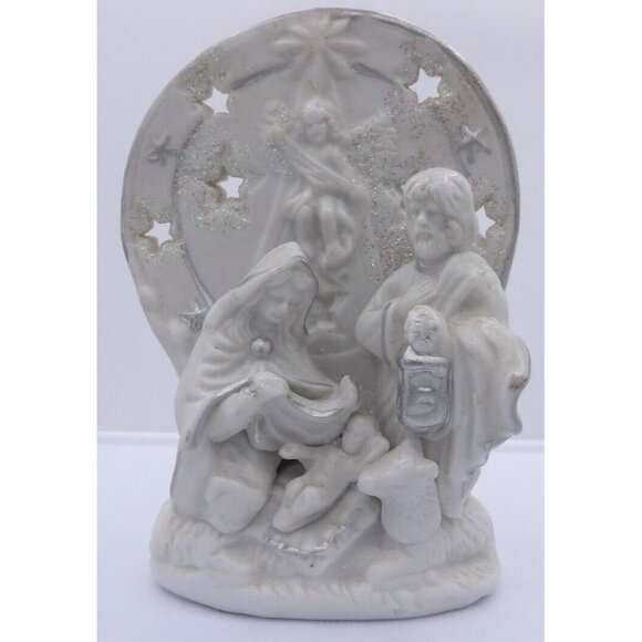 Nativity Candle Holder- Bisque Ceramic, Glittered & Silver Accents - Picture 2 of 5